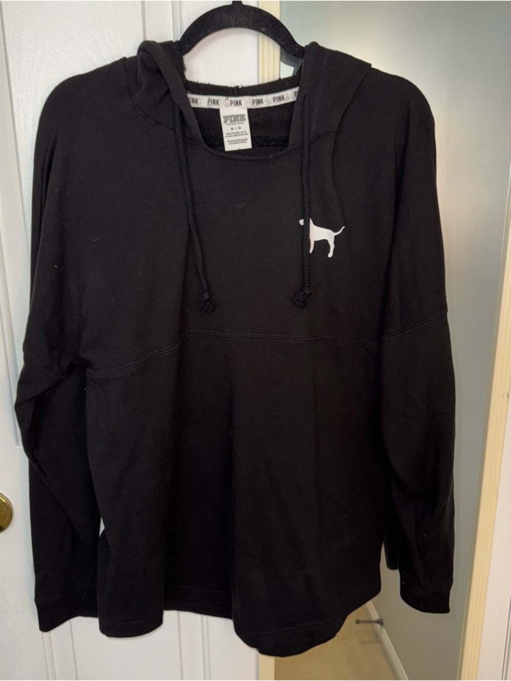 PINK Victoria's Secret Black Crewneck Hoodie with White Dog Logo